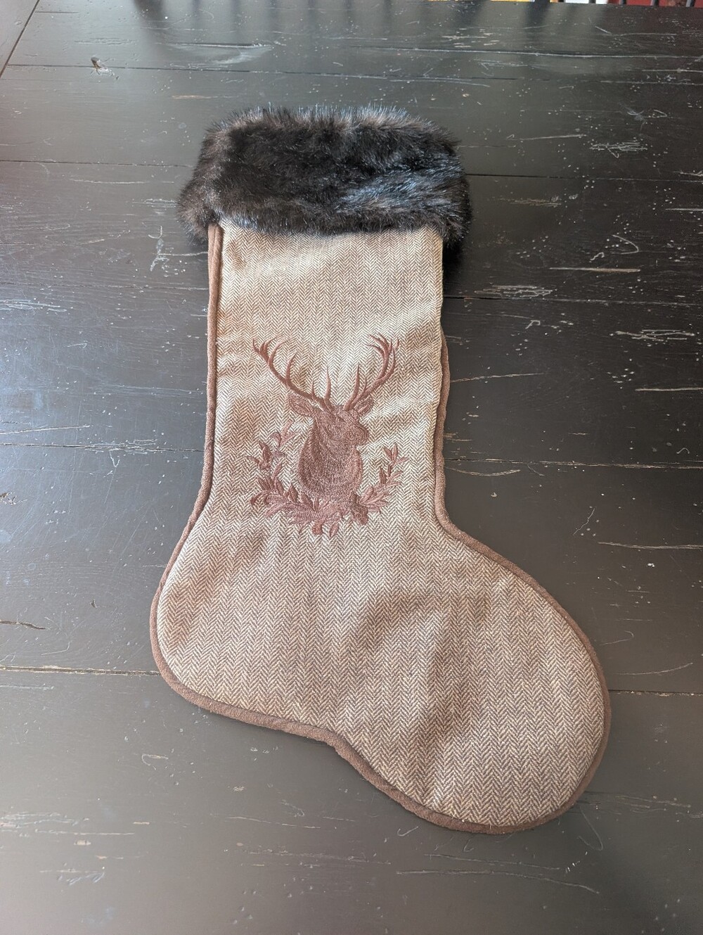 30-inch Rustic Chocolate Faux Fur Woodland Christmas Stocking Embroidered Deer
